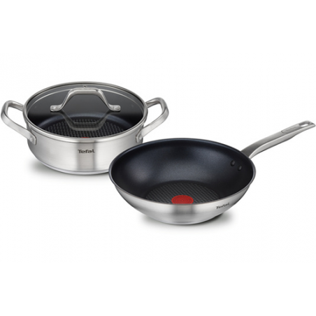 TEFAL HERO SET POÊLE WOK 28 CM + SAUTEUSE 24 CM AVEC COUVERCLE INOX INDUCTION